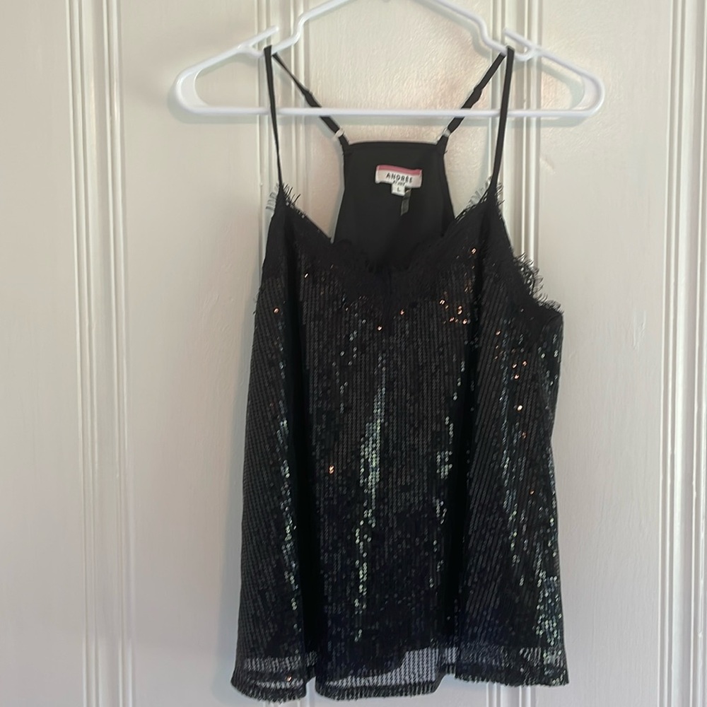 Black dressy tank top w/ sequins, size large.